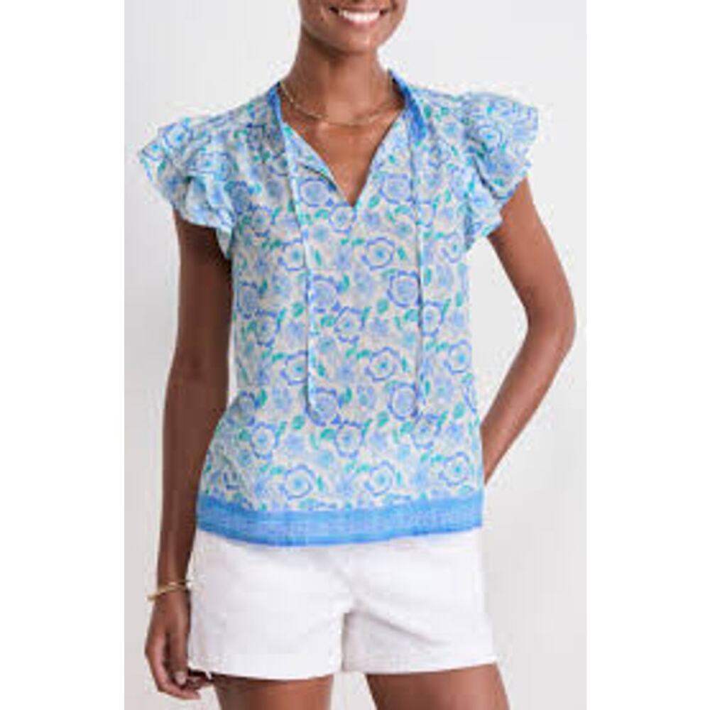 Vineyard Vines Blue & White Floral Ruffle Sleeve Blouse